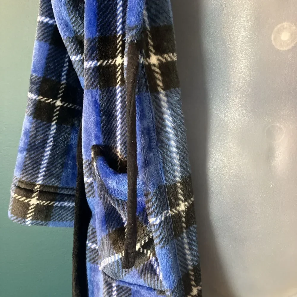Cuddl Duds Boys Robe Plush with Hood Size M (8/10) Blue, Black, White Plaid